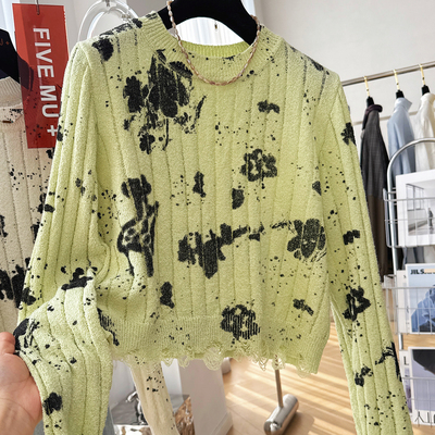 韩系独特泼墨短款套头针织衫女