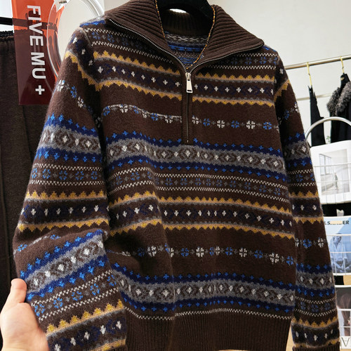 高级感复古提花半拉链毛衣女秋冬