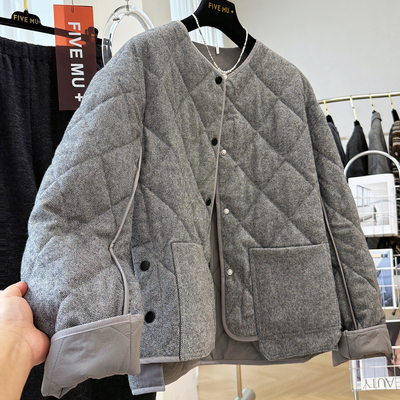 高级感夹棉菱格棉服短款毛呢外套