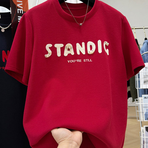 重工刺绣字母磨毛短袖T恤女春