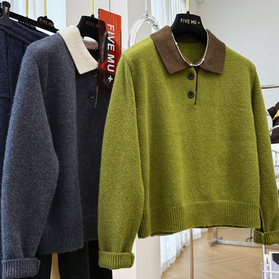 韩系穿搭高级感翻领长袖针织衫女