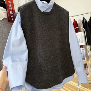 春装女款2026年新款慵懒风宽松长袖衬衫+毛衣马甲背心两件套上衣