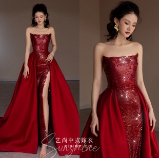 出租正版法国兰斐LAFINE高定礼服【玫瑰殿下】优雅显瘦鱼尾缎礼服