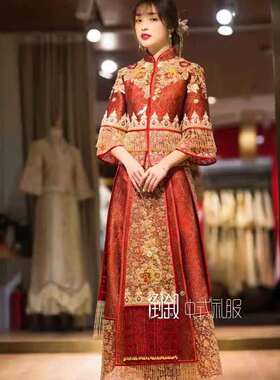 出租倒叙原版水晶流苏红色秀禾服马来褂修身显瘦手工钉珠中式婚礼