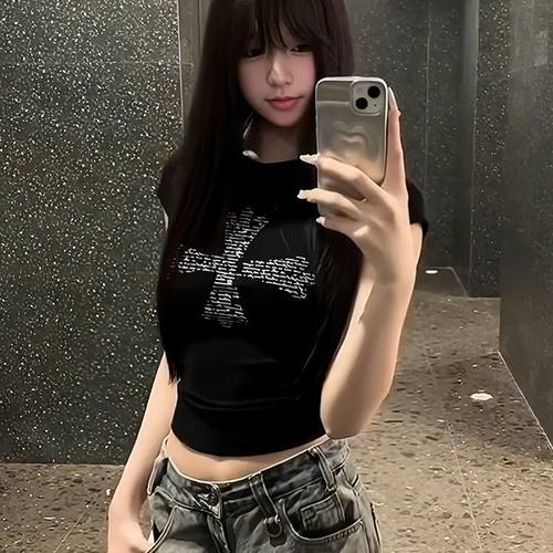 时尚炸街美式辣妹t恤女士夏季欧美风紧身收腰爵士舞蹈服跳舞上衣