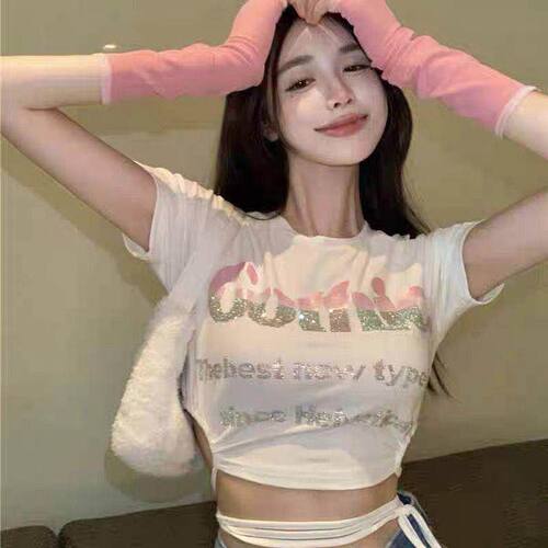 纯欲风显胸大紧身短款烫钻t恤女夏天短袖洋气性感绑腰辣妹上衣潮