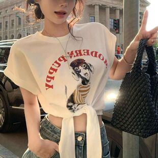 慵懒风宽松遮肉显瘦短袖T恤女学生夏季高级感气质绑带露腰短上衣