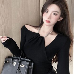 名媛小香风韩范紧身挂脖短款t恤女士春秋时尚百搭漏琐骨辣妹上衣