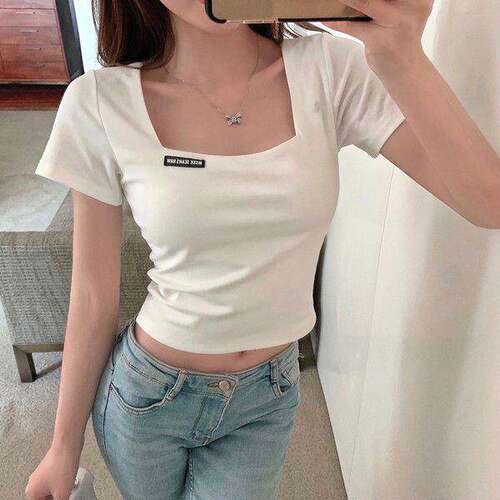 复古法式方领短款高腰露脐短袖t恤女士紧身夏天薄款打底衫上衣潮