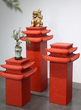 办公室落地新中式仿石头底座石柱墩花架玄关入户门客厅装饰品摆件