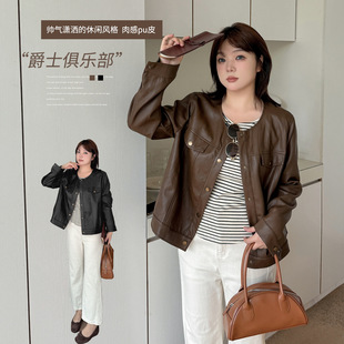 酷飒感皮衣夹克 大码 女装 复古圆领pu短款 外套2025秋新款