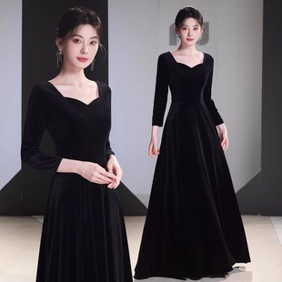大合唱团钢琴表演黑色长袖简约指挥服年会女演出服晚礼服长裙成人