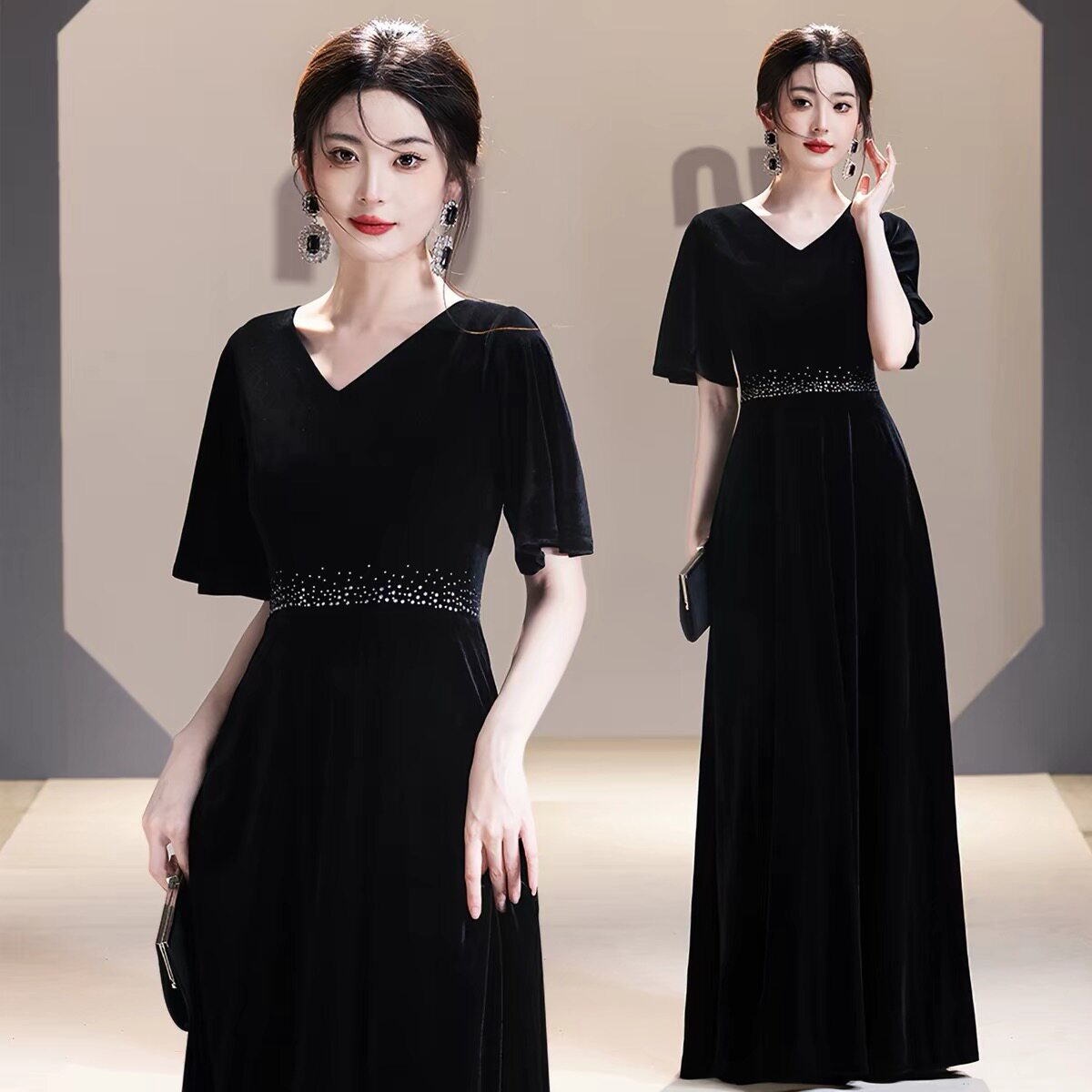 黑色年会晚礼服大合唱演出服女长裙艺考主持钢琴朗诵独唱指挥服装图片