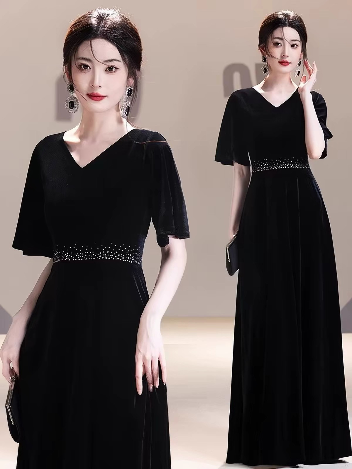 黑色年会晚礼服大合唱演出服女长裙艺考主持钢琴朗诵独唱指挥服装