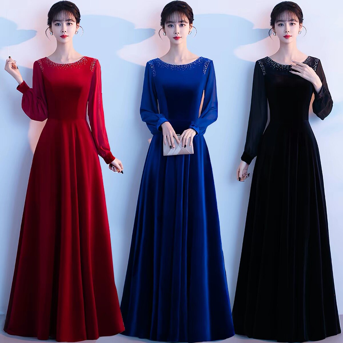 2026新款大合唱团演出服女长裙红歌中国风丝绒服装独唱走秀晚礼服