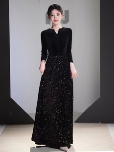 黑色长袖指挥服晚礼服高级感年会轻奢大合唱团演出女长裙钢琴演奏