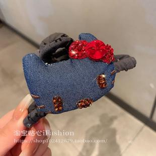 牛仔猫咪抓夹镶钻发夹女2025新款高级感鲨鱼夹后脑勺盘发夹子头饰