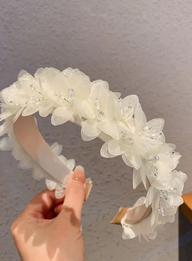 日韩高颅顶白色花瓣水钻发箍女发卡发带百搭新款头箍欧美法式风格