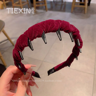 韩系复古彩色丝绒波浪倒插梳带齿发箍高颅顶发箍带齿2025年头箍女