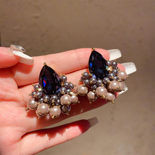 轻奢复古小众设计重工绿色宝石珍珠耳钉耳环时尚高级感气质耳饰品