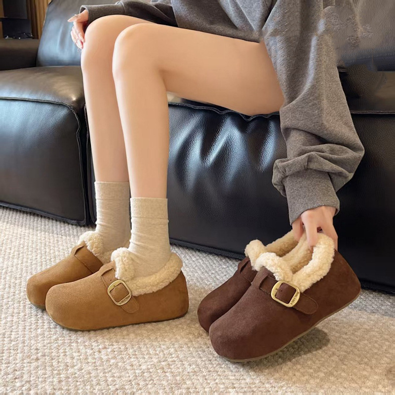 复古勃肯鞋加绒毛毛鞋女2025冬款外穿一脚蹬豆豆鞋保暖棉瓢鞋3198