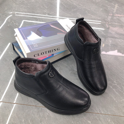 意红真皮男鞋2025冬季新款加绒保暖棉鞋男士休闲皮鞋爸爸鞋11312