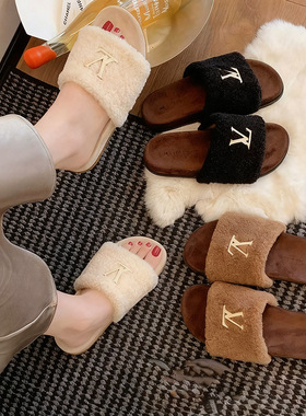 时尚2025秋冬季新款字母一字厚底百搭小众毛毛休闲保暖拖鞋8558-5