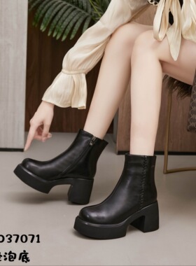真皮加绒10cm粗高跟切尔西靴女2026冬季轻便裸靴增高马丁靴37071
