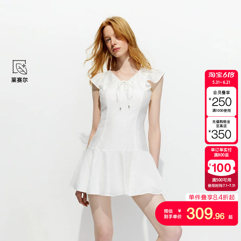 绫致ONLY2026春季新款V领系带领口法式小飞袖低腰短裙连衣裙女