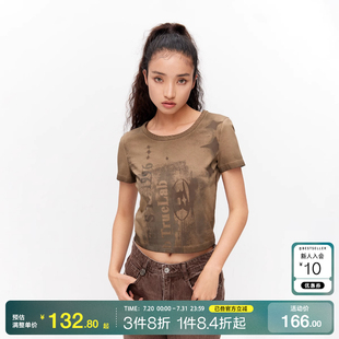 o区绫致ONLY2025春夏新款 做旧正肩T恤女潮上衣 时尚 百搭圆领修身