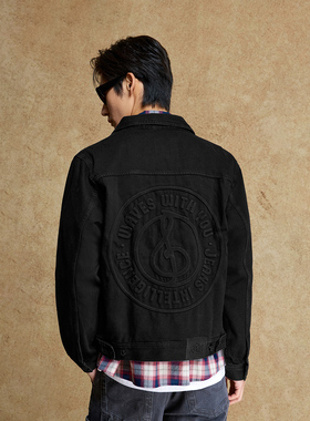 绫致杰克琼斯秋冬夹克外套时尚钢印压花宽松休闲纯色牛仔外套