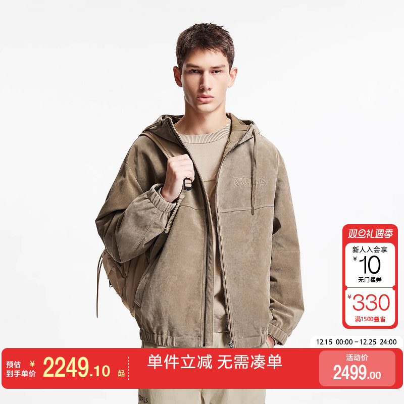 绫致杰克琼斯冬时尚潮流百搭拉链连帽夹克休闲宽松皮衣外套男