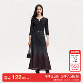 t区绫致Vero Moda半身裙女秋冬A版 磨毛边高腰明线设计扎染