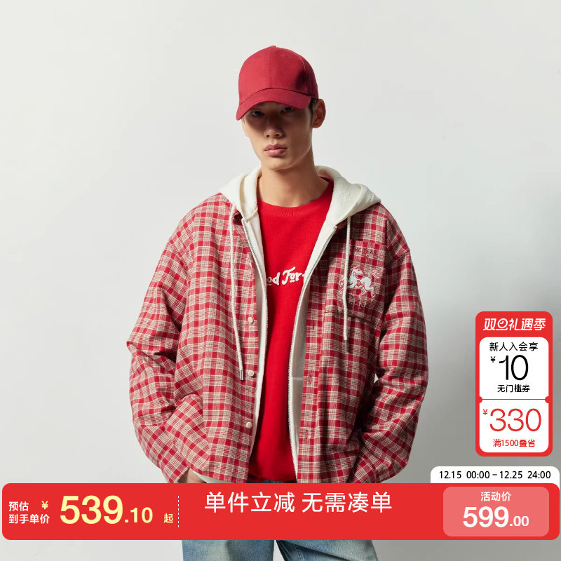 绫致杰克琼斯男装春季马年新年款纯棉时尚格纹宽松休闲长袖衬衫