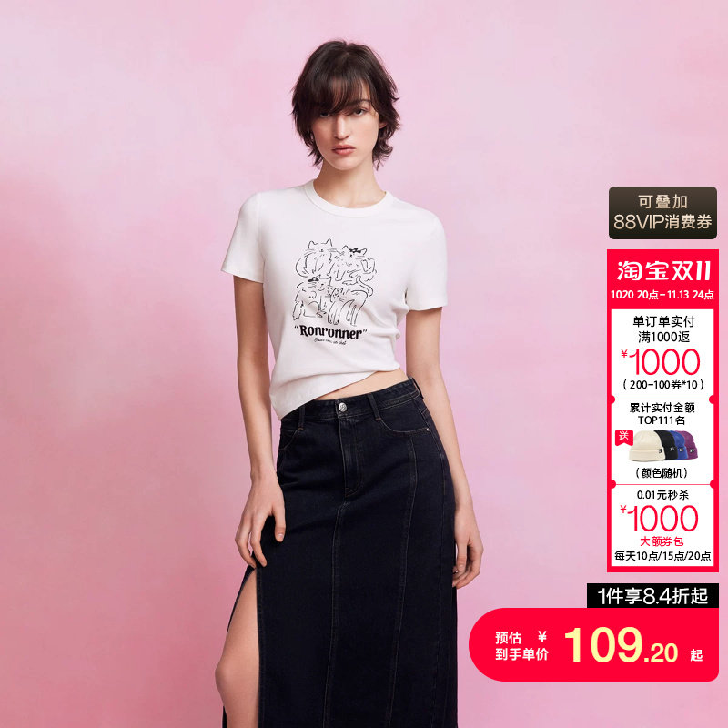绫致ONLY2026春季新款线条猫咪印花图案包边圆领短袖T恤女