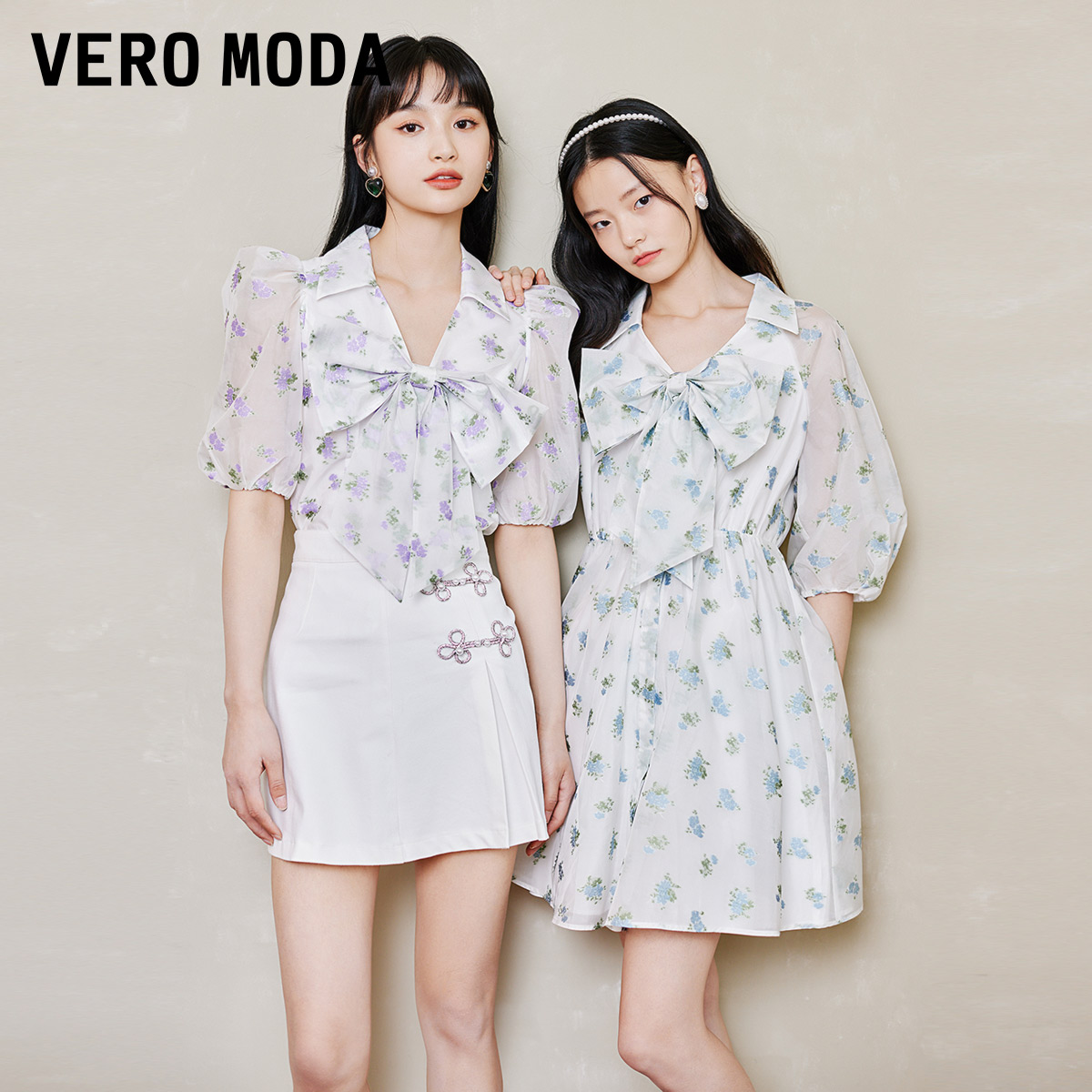 t区绫致Vero Moda春夏甜美气质减龄碎花泡泡袖衬衫连衣裙套装女