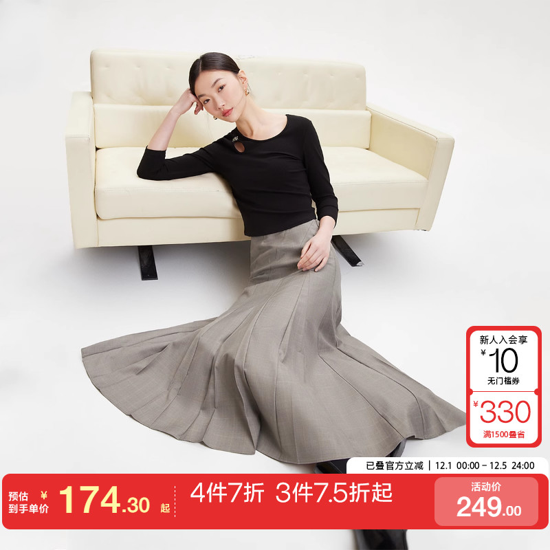 tq区绫致Vero Moda半身裙女2025春夏中腰百褶格纹古典长裙