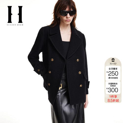 绫致SEASON HIGH冬舒适百搭时尚出街简约黑色毛呢大衣外套女