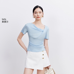 v区绫致Vero ModaT恤女26夏季新款不对称领口压褶短袖上衣百搭