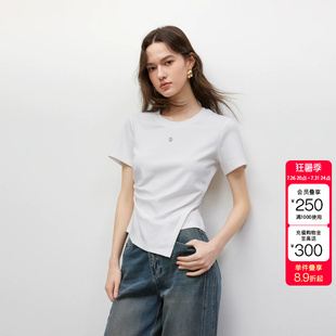 绫致ONLY秋季新款棉感亲肤褶皱不对称正肩圆领T恤女
