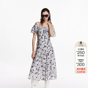 绫致ONLY夏季新款甜美荷叶边一字领中长款连衣裙女