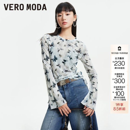 绫致Vero ModaT恤女2026秋冬新款高街潮抽绳蝴蝶印花长袖薄纱上衣