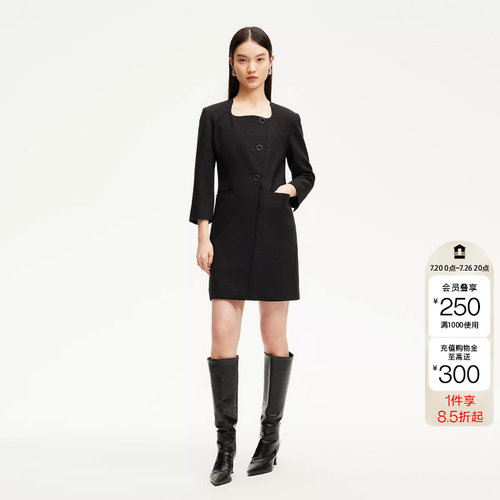 tq区绫致CoutureMade连衣裙女春夏方领垫肩西装裙七分袖