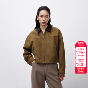 绫致ONLY秋冬新款 皮衣外套女 酷飒撞色翻领落肩直筒短款