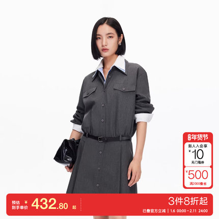 v区绫致Vero Moda连衣裙25秋冬腰带纯色简约长袖衬衫裙通勤百搭