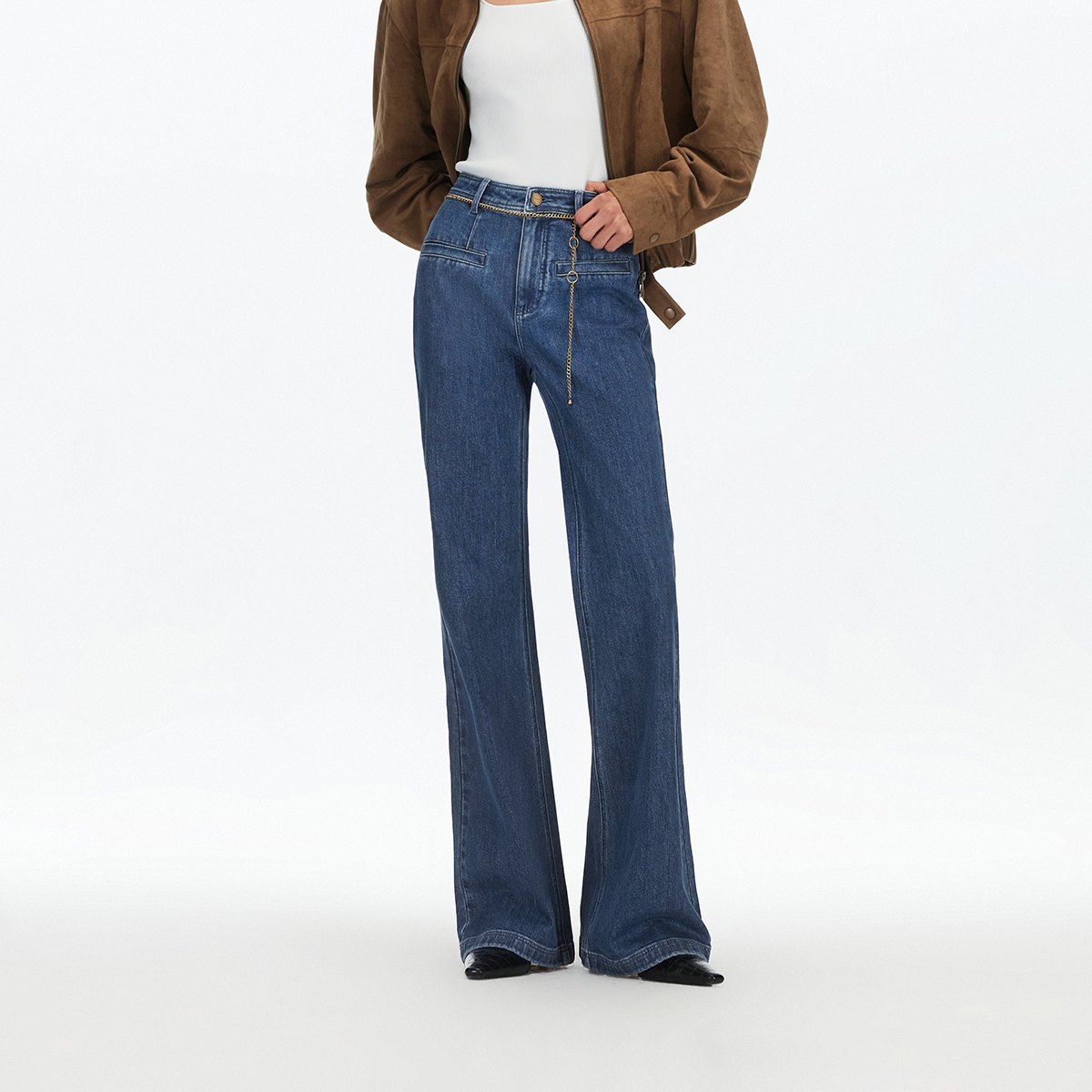 v区绫致Vero Moda牛仔裤女25秋冬含棉链条设计后身约克古喇叭裤