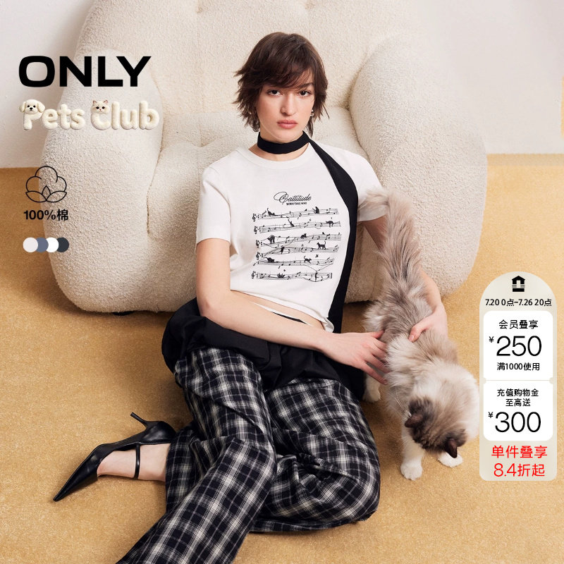 绫致ONLY2026新款音符猫咪印花设计包边圆领短袖T恤