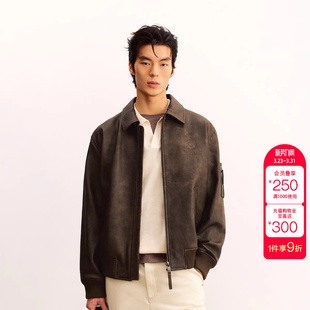 绫致杰克琼斯男秋季 潮出街百搭字母刺绣翻领宽松真皮夹克外套 新款