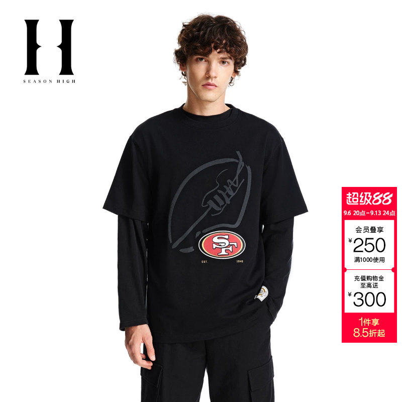 绫致SEASONHIGH NFL联名秋男T恤短袖圆领刺绣胶印上衣男图片