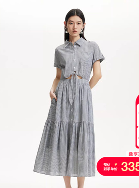 vq区绫致Vero Moda连衣裙25春翻领腰部系带镂空竖条纹休闲百搭